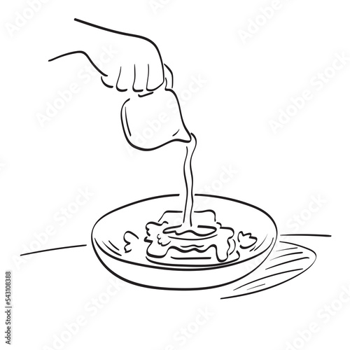 closeup hand pouring gravy on food illustration vector hand drawn isolated on white background line art.