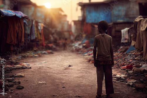 poor kid standing in the slum photo