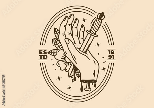 Vintage art illustration of a dagger stabbing hand