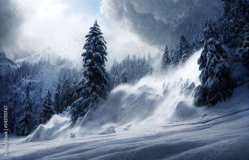 Print op canvas snow avalanche in the mountains, winter mountain landscape, dangerous snow condi