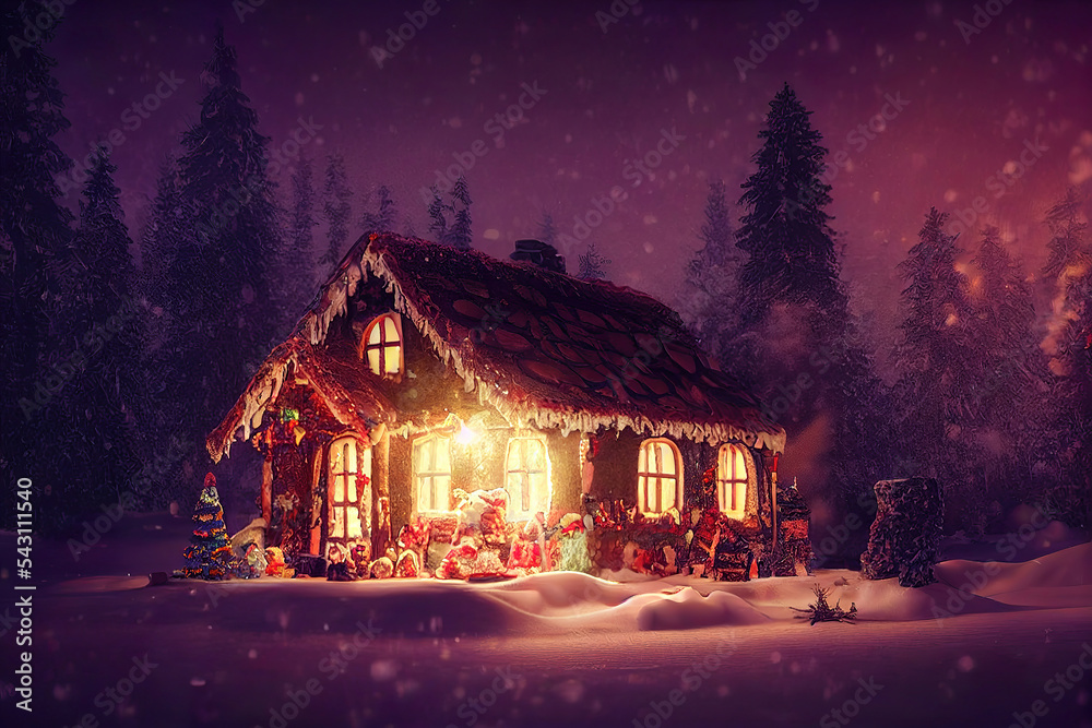 Fototapeta premium winter christmas gingerbread house, snowy landscape background, santa workshop 