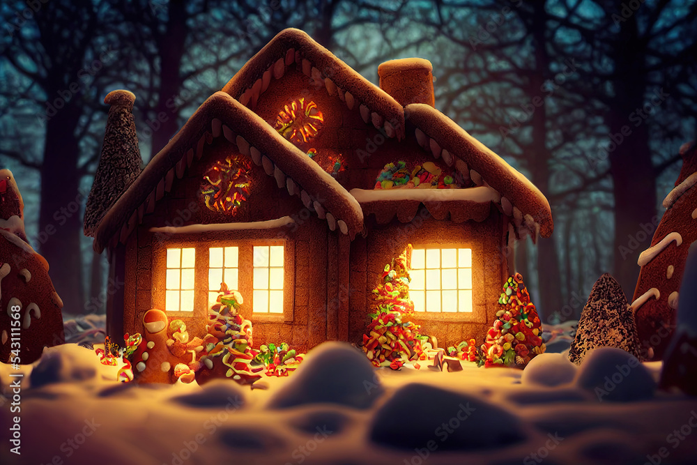 Fototapeta premium winter christmas gingerbread house, snowy landscape background, santa workshop 