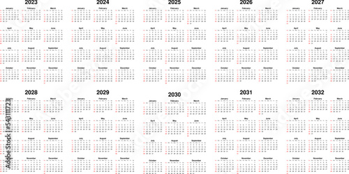 Ten year vector calendar 2023, 2024, 2025, 2026, 2027, 2028, 2029, 2030, 2031 and 2032.