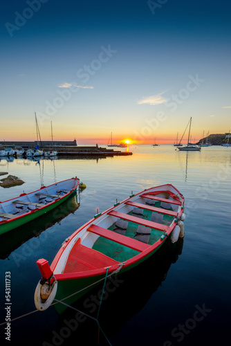 Catalan boats of Collioure at sunrise in France