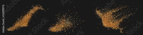 Brown splashes of sugar, granulated coffee, cosmetic powder or eyeshadow. Gold flying glitter explosion, golden dust and spark particles or shimmer burst. Sparkling sequins texture 3d vector effect