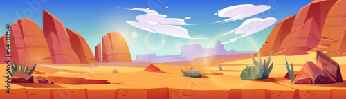 Desert of Africa or Wild West Arizona natural landscape. Cartoon panoramic background, game location with land cross section, yellow sand, cacti, rocks under blue sky with clouds, vector illustration