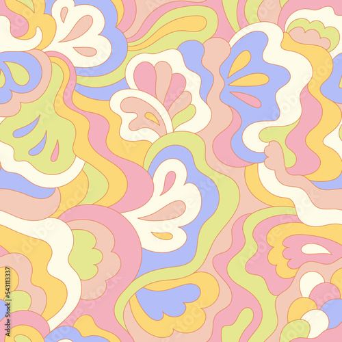 Psychedelic hippie seamless pattern. Vintage wavy background. Vector nostalgic retro 60s groovy illustration. Textile and surface design with old fashioned hand drawn naive geometric print © Evgeniya Khudyakova