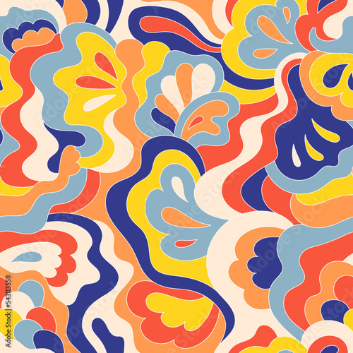 Psychedelic hippie seamless pattern. Vintage wavy background. Vector nostalgic retro 60s groovy illustration. Textile and surface design with old fashioned hand drawn naive geometric print
