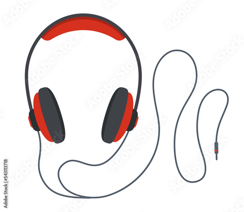 Headphones vector icon. Red headphones, isolated on white background. Flat headphone icon. Headphone graphic icon. Flat design style. Vector color illustration.