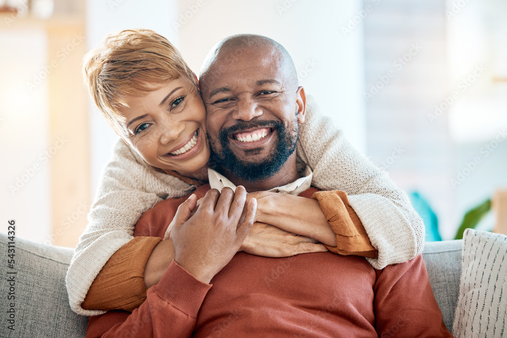 Φωτογραφία Marriage, couple and hug portrait at sofa with loyalty, happiness and care in home lounge