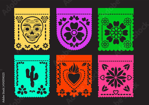 Mexican Papel Picado. Paper bunting. Fiesta party flags. Vector set.