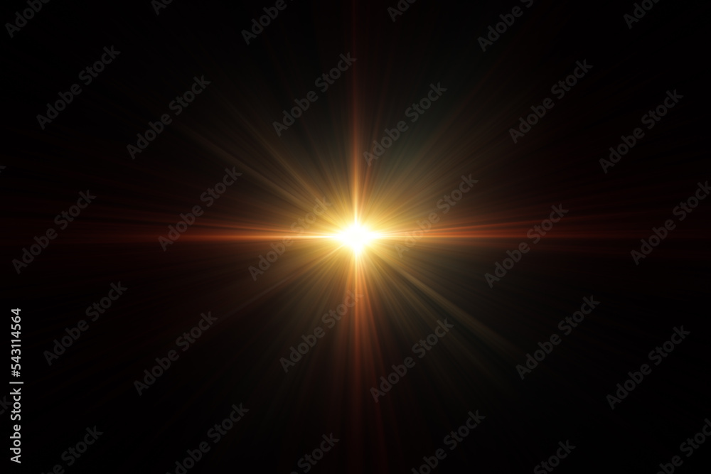 3D illustration Lens Flare. Light over black background. Optical Flare 3D rendering effect element to add overlay or screen filter over your photos. Abstract sun glare digital lens flare background.
