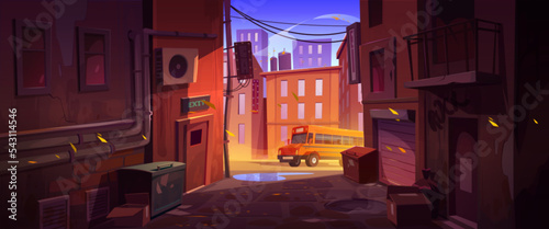 Empty city backstreet with trash containers, yellow school bus driving urban street against silhouettes of modern skyscrapers. Cartoon vector illustration of shabby dark place, crime scene background