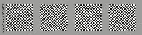Set of checkered distorted grid. Abstract monochrome shapes with tweak deformation