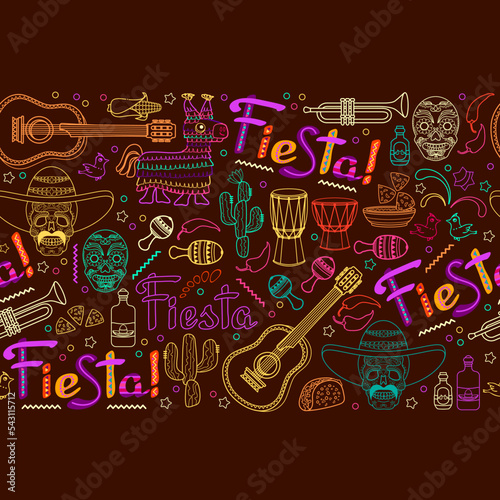 Fiesta seamless pattern. Mexican colorful outline symbols on brown. Vector.