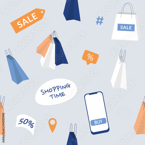 Sale and black friday background with shopping bags pattern.