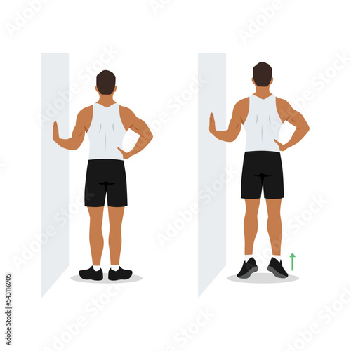 Man doing external rotation or bodyweight calf raises exercise. Flat vector illustration isolated on white background