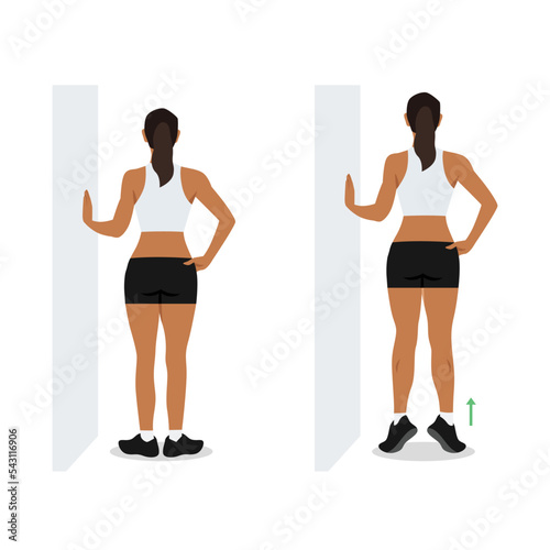 Woman doing external rotation or bodyweight calf raises exercise. Flat vector illustration isolated on white background