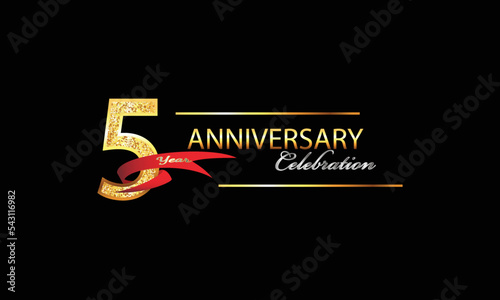 5 Year Anniversary celebration Vector Design. 5th Anniversary celebration. Gold Luxury Banner of 5th Anniversary celebration with red ribbon and glitter. Background celebration. Vector anniversary