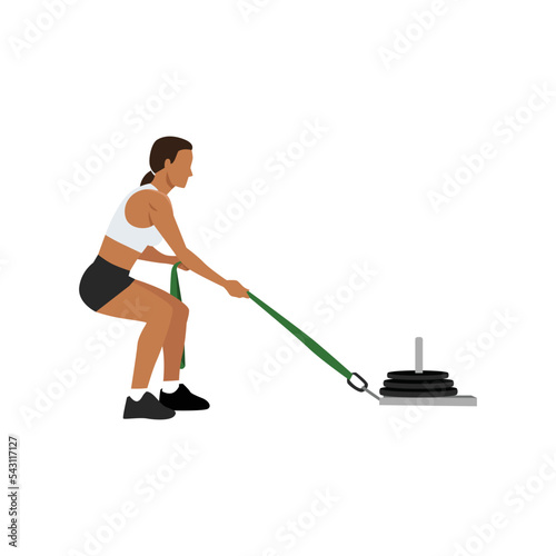 Woman doing sled pulls exercise. Flat vector illustration isolated on white background with layer. Workout character