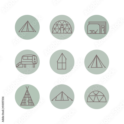 Collection of type glamping house for web, social media. Line icon of tent, bubble, trailer, wood alpine cottage