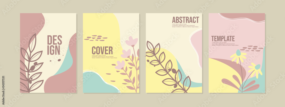 set of book cover designs with hand drawn floral decorations. abstract retro botanical background.size A4 For notebooks, planners, brochures, books, catalogs 