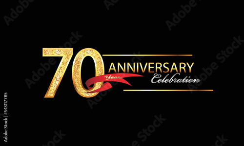 70 Year Anniversary celebration Vector Design. 70th Anniversary celebration. Gold Luxury Banner of 70th Anniversary celebration with red ribbon and glitter. Background celebration. Vector anniversary