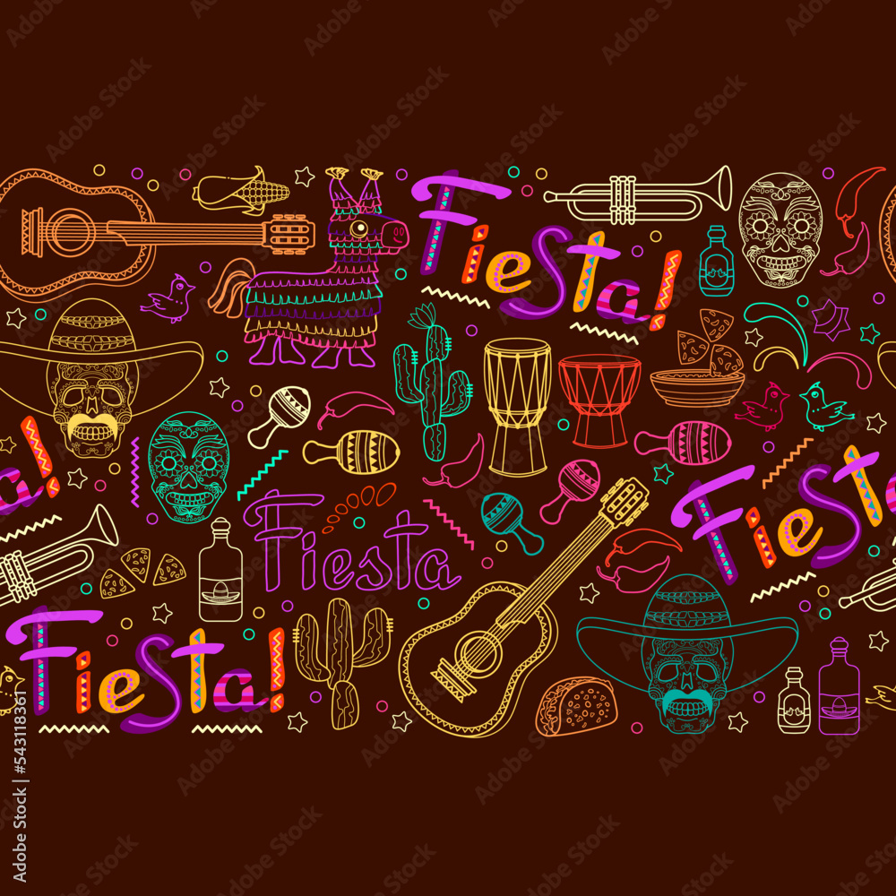 Fiesta seamless pattern. Mexican colorful outline symbols on brown. Vector.