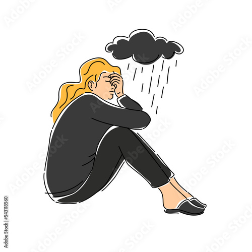 Woman Sitting In Depression Hand Drawn Illustration