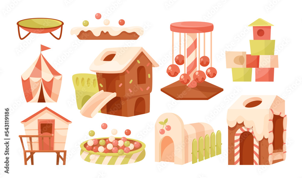 Cute playroom or playground elements vector illustrations set. Inflatable house, slide, bouncy trampoline, pool with balls for children games on white background. Childhood, entertainment concept Cute playroom or playground elements vector illustrations set. Inflatable house, slide, bouncy trampoline, pool with balls for children games on white background. Childhood, entertainment concept