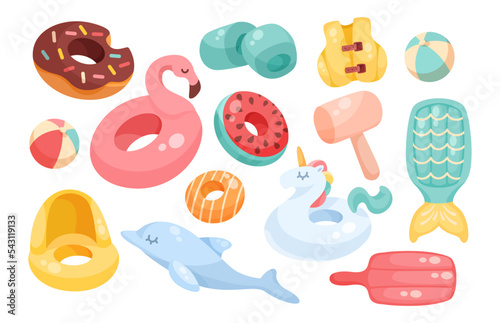 Inflatable toys and floaters for pool vector illustrations set. Plastic objects for swimming pool, rings or circles, lifesavers, mattresses isolated on white background. Summer holidays concept