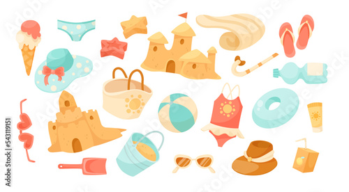 Beach holiday elements vector illustrations set. Different objects for recreation by sea, clothes, toys, ball, slippers, sunglasses, sand castles isolated on white background. Summer, vacation concept