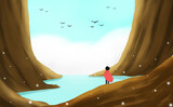 An adventurer boy wearing a red robe stood looking at the sky in the valley. Wonderland adventure concept. Digital art style. illustration painting