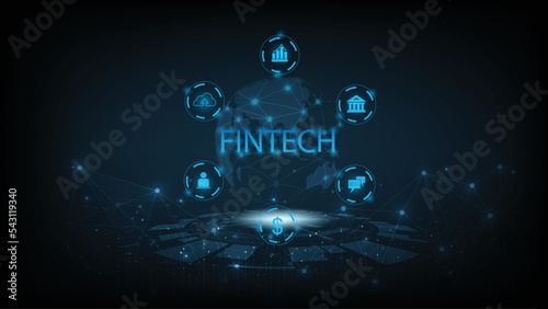 Financial technology concept and Business world class design.Icon Fintech and things on dark blue technology background represents the connection Financial technology,banking and Business world class.