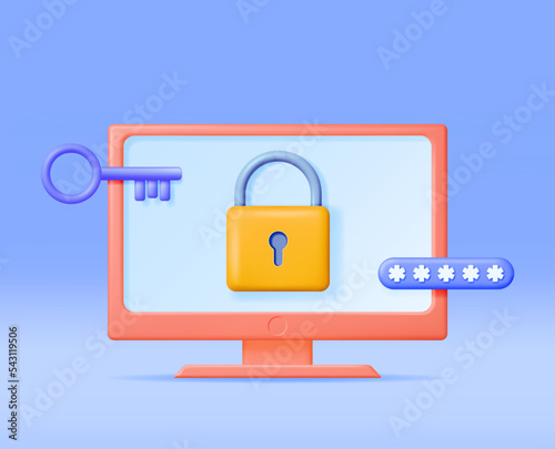 3D Desktop PC with Shield Lock and Password on Screen. Render Computer with Padlock. Concept of Computer Security, Data Protection, Confidentiality. Safety, Encryption and Privacy. Vector Illustration