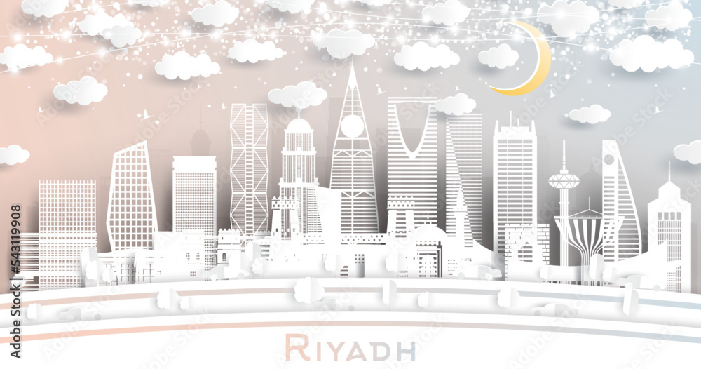 Riyadh Saudi Arabia City Skyline in Paper Cut Style with White Buildings, Moon and Neon Garland.