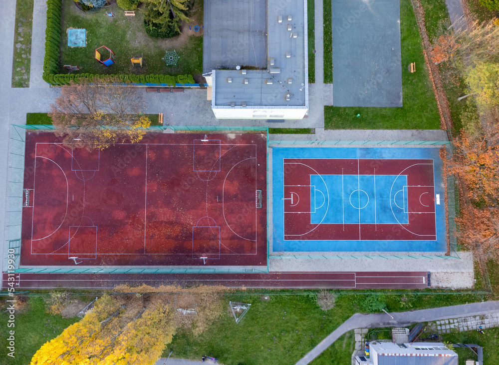 The school's playground as seen from above. Drone photo, sports field, view from above.