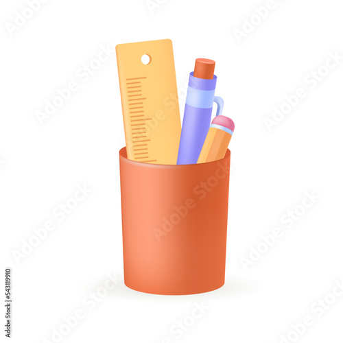 Wallpaper Mural Pencil, pen and ruler in plastic cup holder 3D icon. School or office supply kit for notes and drawing, learning by student 3D vector illustration on white background. Education, stationery concept Torontodigital.ca