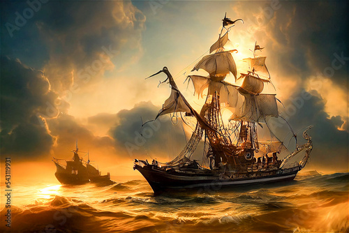 Print op canvas Pirate ships in the Caribbean