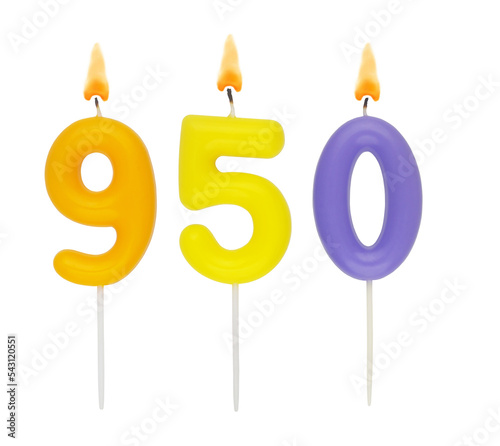 Birthday candles isolated on white background, number 950