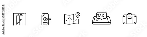 5 hotel icons. Elevator, smart lock, location, taxi and suitcase. Pixel perfect, editable stroke 