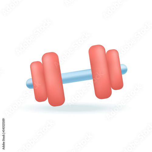Dumbbell with red plates for training body muscles 3D icon. Metal gym equipment for power lifting 3D vector illustration on white background. Health, sport and lifestyle, bodybuilding concept