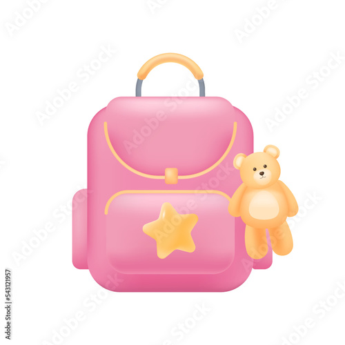 Pink school backpack with yellow toy teddy bear and star 3D icon. Front view of stylish backbag for baby girl student 3D vector illustration on white background. Education, travel equipment concept