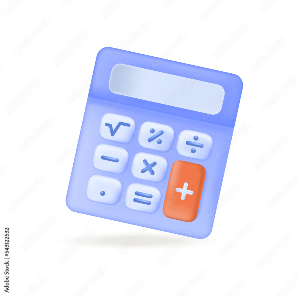 Calculator with math symbols on buttons and display 3D icon. School or office electronic device for calculating numbers 3D vector illustration on white background. calculation, education concept Calculator with math symbols on buttons and display 3D icon. School or office electronic device for calculating numbers 3D vector illustration on white background. calculation, education concept