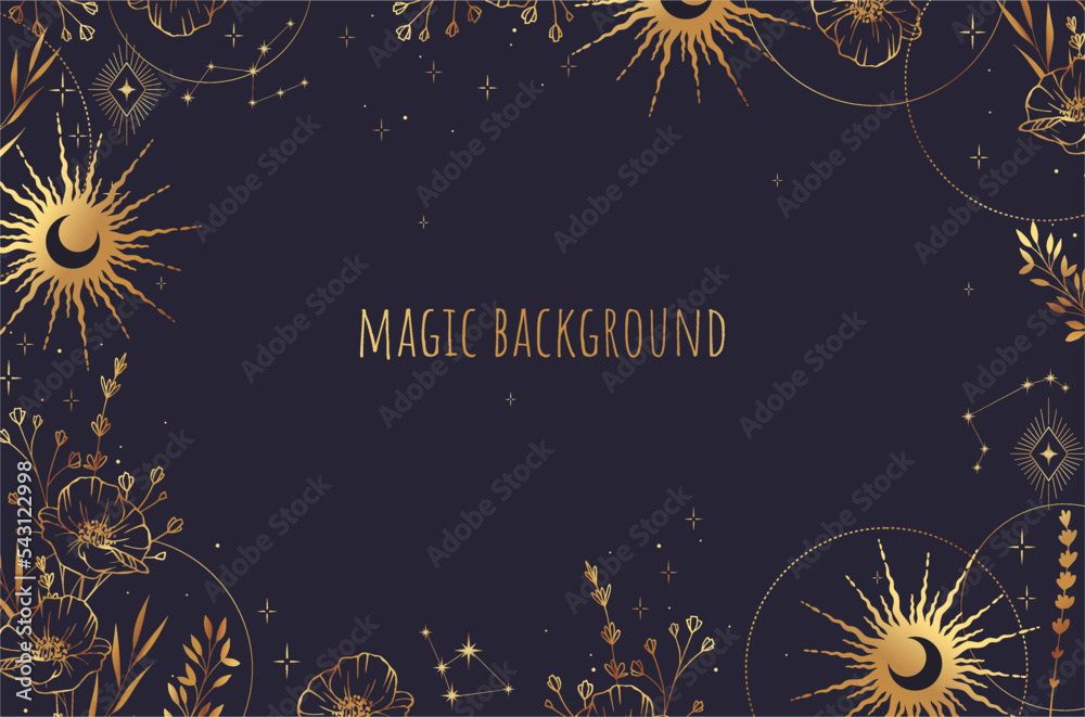 Magic vector frame with sun, moon, plants and constellations. Gold elegant ornament. Mystic frame for tarot, esoteric, astrology design. Template for poster and prints. Magic vector frame with sun, moon, plants and constellations. Gold elegant ornament. Mystic frame for tarot, esoteric, astrology design. Template for poster and prints.