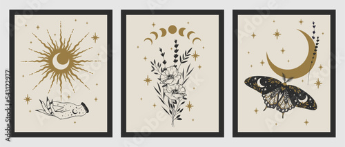Set of esoteric alchemy mystical magic posters. Crescent, sun, stars, floral elements, moth. Spiritual talisman, occultism objects. Boho illustration