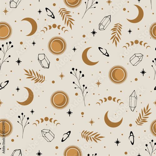 Vector magic seamless pattern with sun, moon, plants and stars. Mystical esoteric background for design of fabric, packaging, astrology, phone case, wrapping paper.