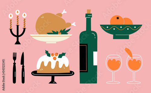 Traditional Christmas food on pink background. 