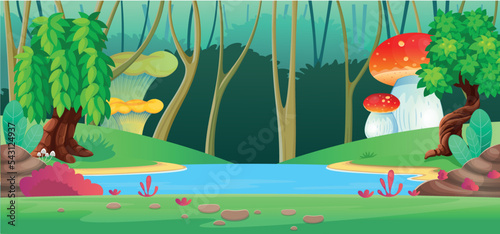 Background for games and mobile applications.  Landscape with houses of hobbits and gnomes a river. Fantasy   tower and a house with a water wheel on the island. Vector cartoon landscape.