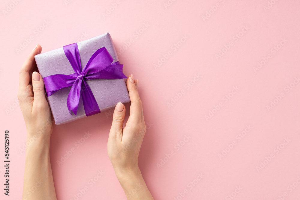 New Year concept. First person top view photo of woman's hands holding violet giftbox with purple ribbon bow on isolated pastel pink background with copyspace New Year concept. First person top view photo of woman's hands holding violet giftbox with purple ribbon bow on isolated pastel pink background with copyspace